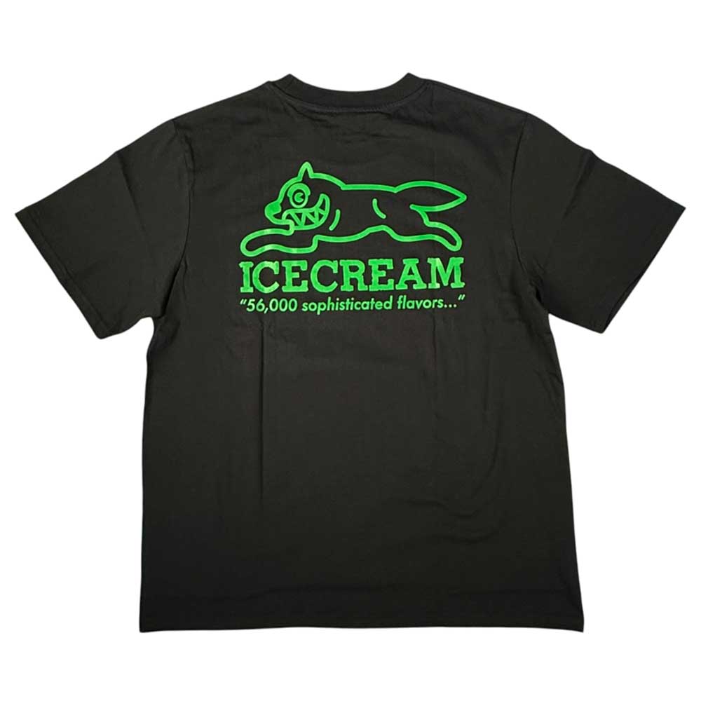 The Bronze 56K x Ice Cream 56,000 Flavors Tee Black features a green leaping cartoon dog above “Ice Cream” on the front and “56,000 sophisticated flavors...” on the back—a playful reference to classic Bronze 56K style.