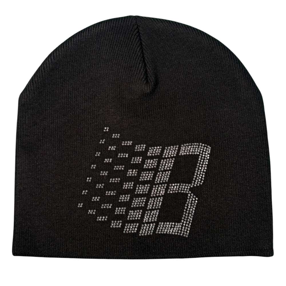 The Bronze 56K x Ice Cream Rhinestone Beanie Black features a stylized letter B in white square dots, with the left side dissolving into scattered squares.