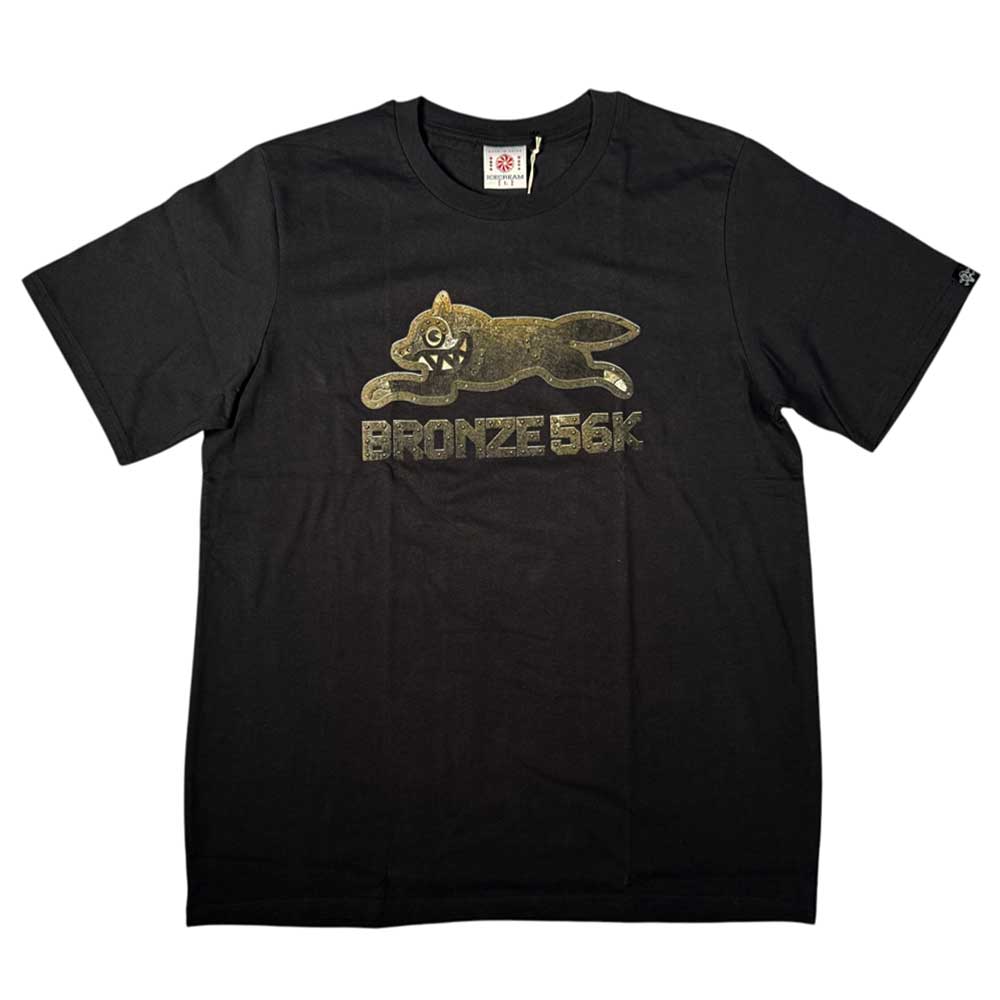 A Black Bronze 56K x Ice Cream Wunning Dog Tee featuring a graphic of a running dog above gold "BRONZE 56K" text on the front.