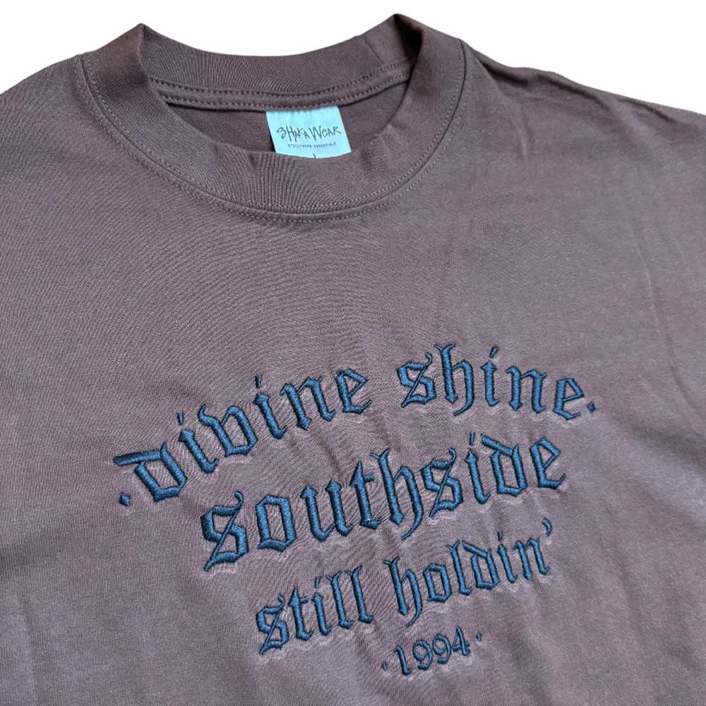 The Brown Divine Shine x Southside Still Holdin Max Heavyweight Tee features blue embroidered text, nodding to Southside Skatepark with "divine shine, southside still holdin 1994"—a bold streetwear staple complete with a visible neck tag.
