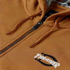Close-up of the Brown Duck Zip Through Hoodie Thrasher Magazine x Dickies Skateboarding A887J OBD, in a relaxed fit with a zipper, drawstring hood, and white Dickies x Thrasher logo with horseshoe graphic on the chest.