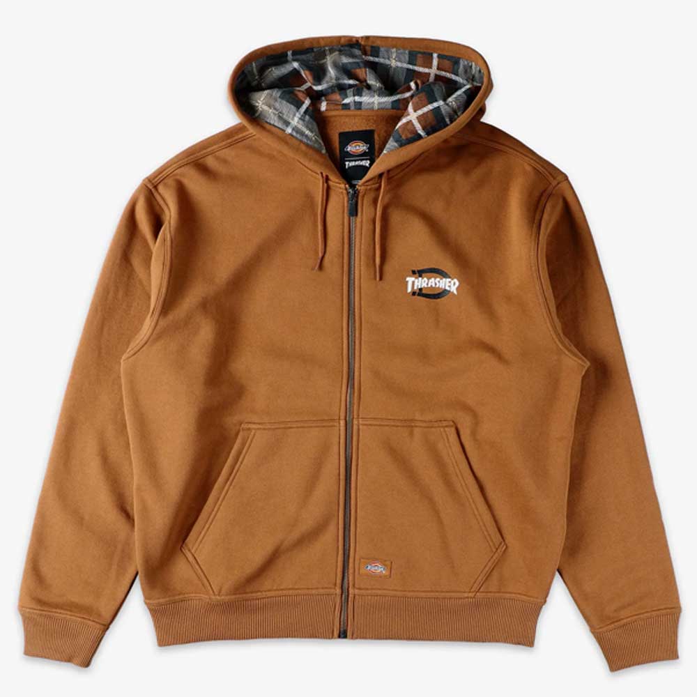The Brown Duck Zip Through Hoodie Thrasher Magazine x Dickies Skateboarding A887J OBD is a relaxed fit brown hoodie with front pockets, a plaid-lined hood, ribbed cuffs and hem, and subtle branding on the chest and hem.