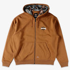 The Brown Duck Zip Through Hoodie Thrasher Magazine x Dickies Skateboarding A887J OBD is a relaxed fit brown hoodie with front pockets, a plaid-lined hood, ribbed cuffs and hem, and subtle branding on the chest and hem.