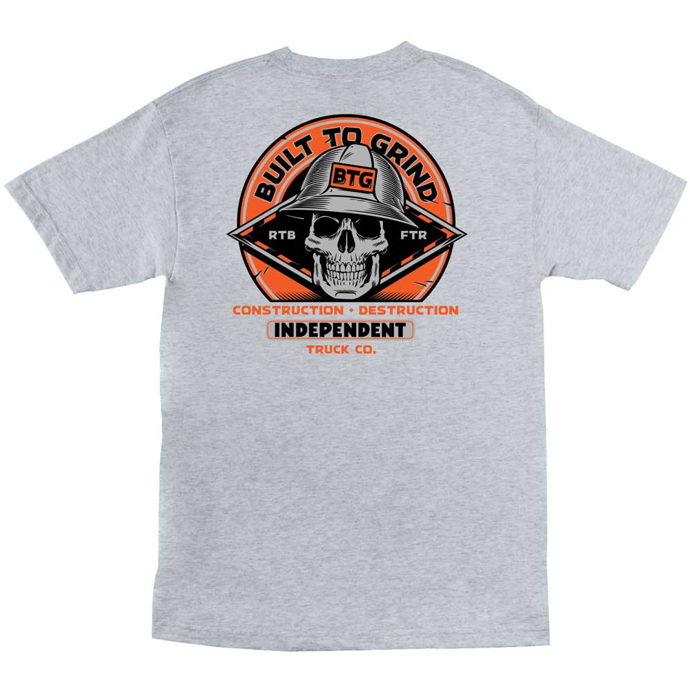 The Built To Grind Hard Head Heavyweight T-Shirt in Sport Grey features a bold back graphic—skull in a construction helmet, orange emblem, “BUILT TO GRIND,” “CONSTRUCTION • DESTRUCTION,” and “INDEPENDENT TRUCK CO.” Perfect cotton tee for skateboarders.