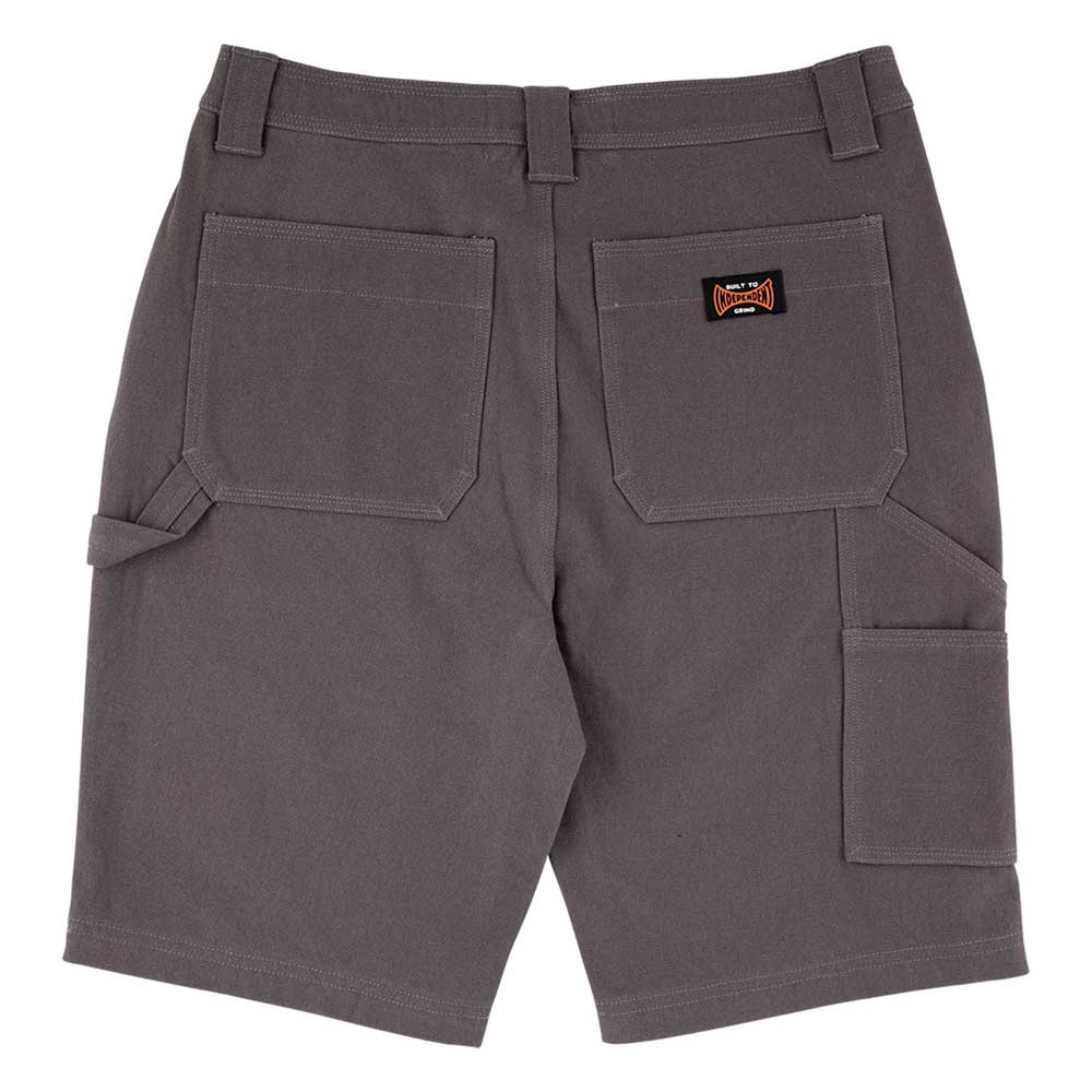 The Built to Grind Utility Shorts Pewter from Independent feature a straight cut, two large back pockets, side cargo pocket, tool loop, belt loops, and stitched label—delivering signature Independent Trucks durability.