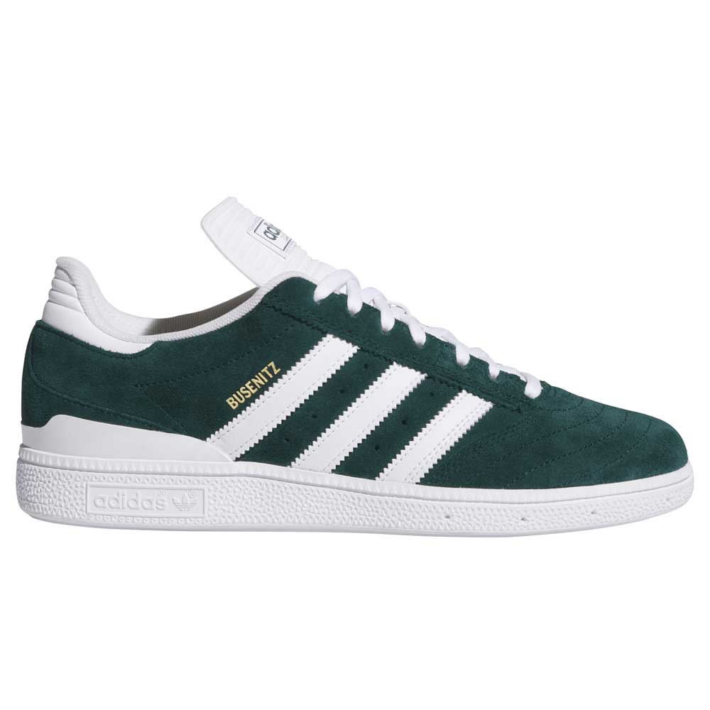 The Busenitz HQ7534 Green White Adidas Skateboarding Suede Shoes feature a durable green suede upper, white stripes, laces, and sole, plus "BUSENITZ" in gold above the stripes on a classic low-top design.