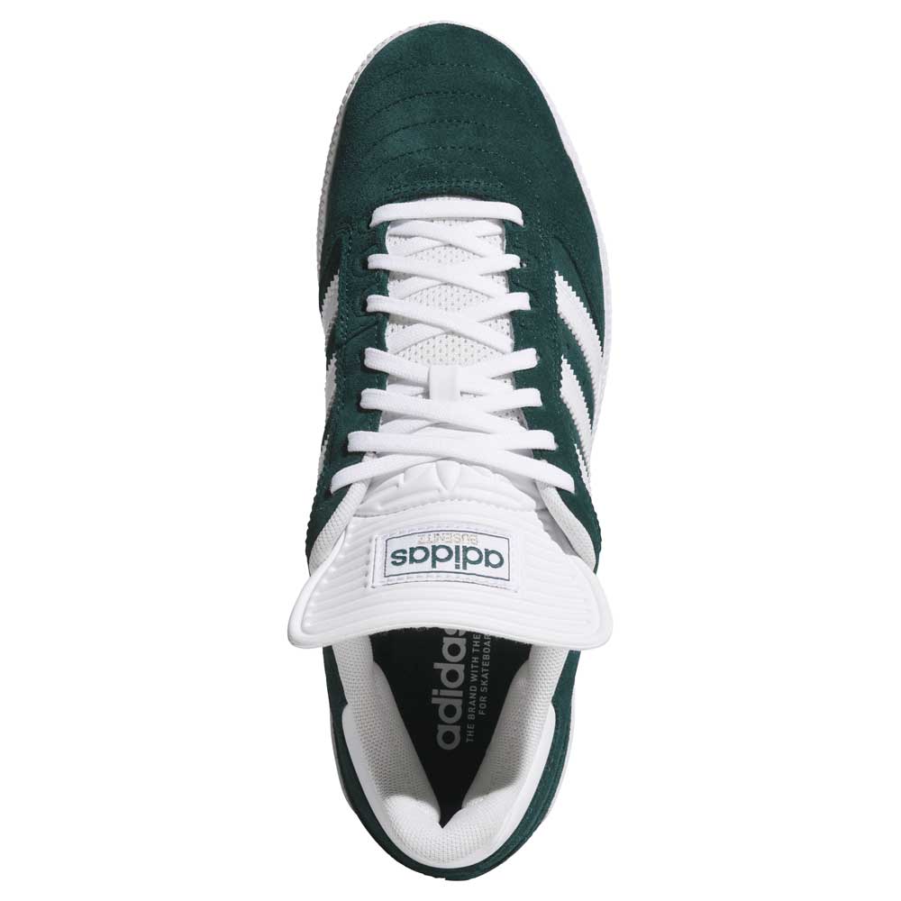 Top view of the Busenitz HQ7534 Green White Adidas Skateboarding Suede Shoe featuring durable green suede, white stripes, laces, and tongue with a black Adidas logo—an iconic part of the Busenitz ADV collection.