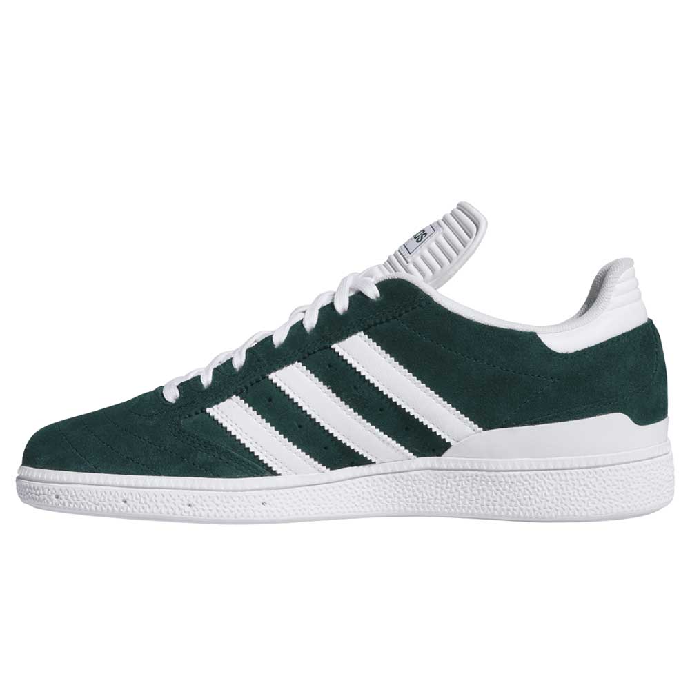 The Adidas Busenitz HQ7534 Green White Skateboarding Suede Shoes feature green suede, white stripes, laces, and heel tab, plus a durable textured sole; shown from the side on a plain white background.