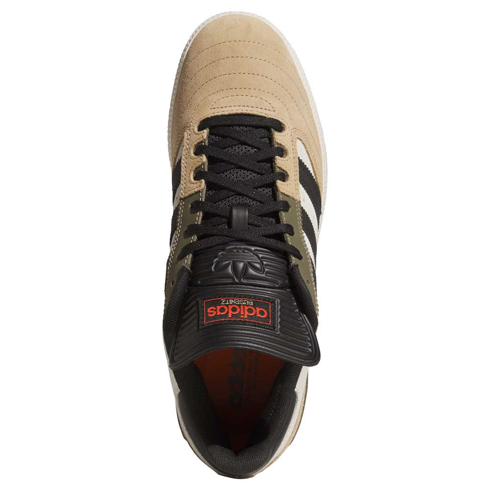 Top view of the Adidas Busenitz Tan White Black HQ4746 skate shoes featuring black laces and stripes, suede upper, a tongue with the Adidas logo and orange “adidas Spezial” text, plus black inner lining with orange branding.