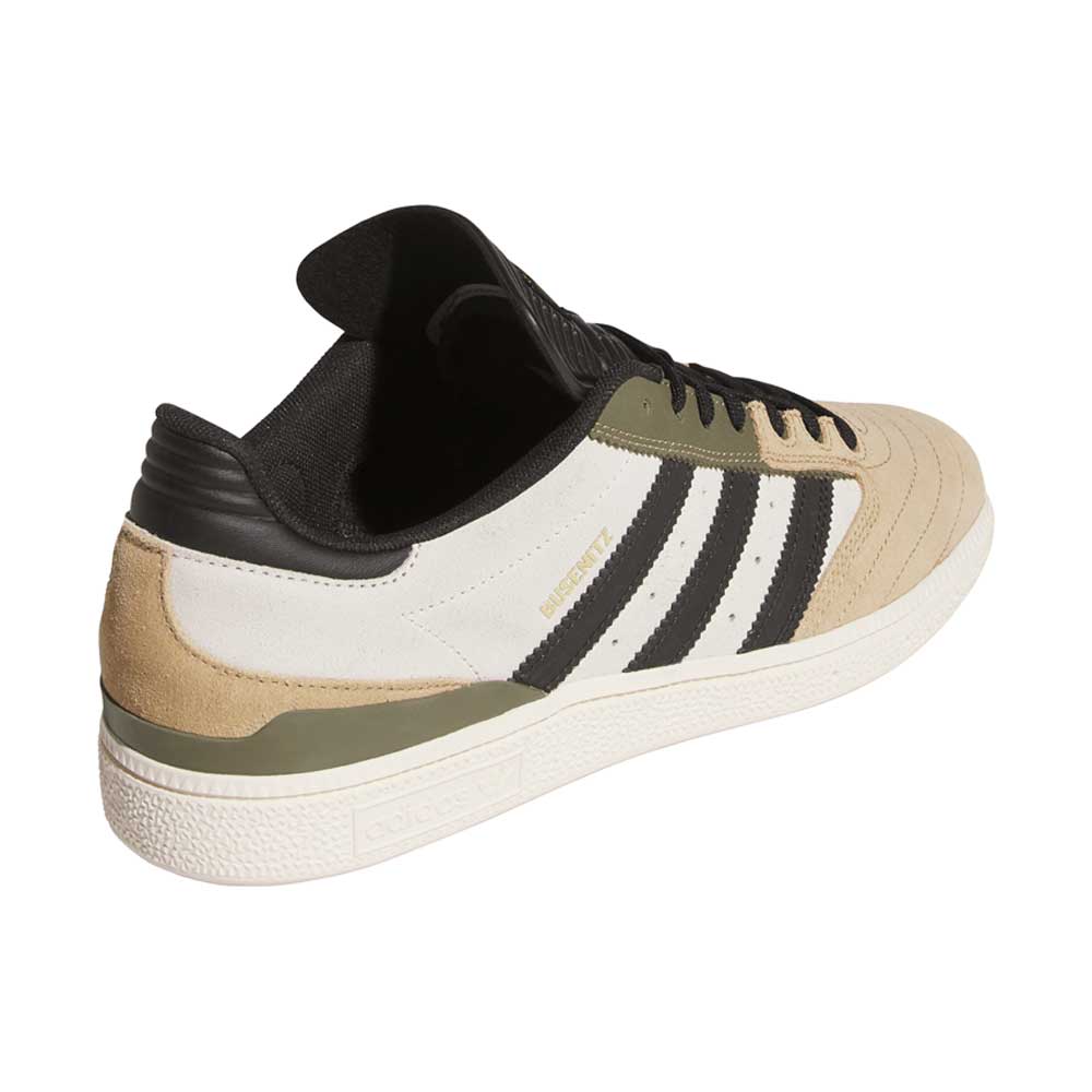 The Busenitz Tan White Black HQ4746 Adidas Skateboarding Shoe features durable suede in beige, white, and black, signature black stripes, gold "Copa Nationale" text on the side, a white textured sole, and a classic black heel tab.