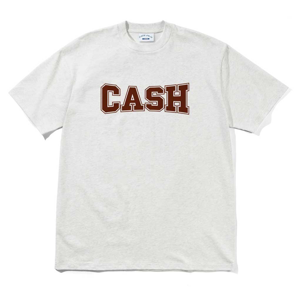 The Campus Tee Ash Cash Only T-Shirt COD150701 is a heavyweight, light gray 6.5oz cotton tee with "CASH" in bold brown collegiate letters across the chest, shown laid flat on a white background.