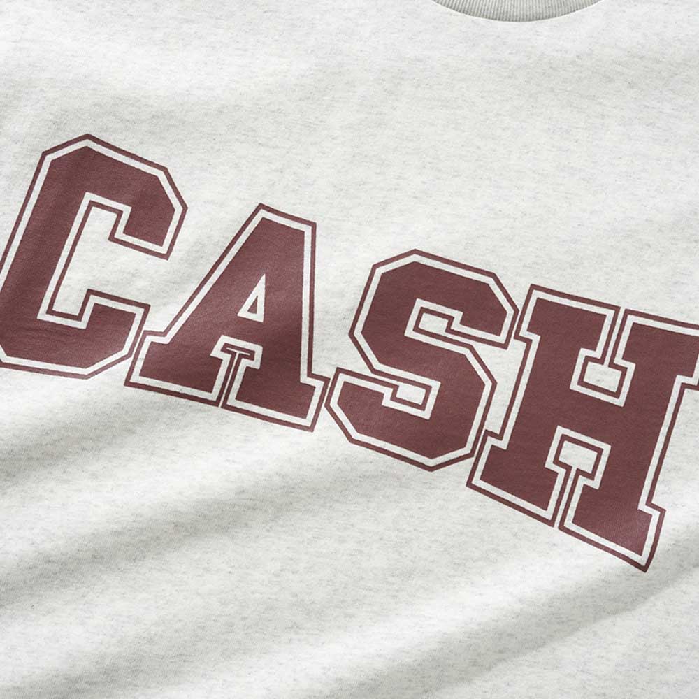 A close-up of the Campus Tee Ash Cash Only T-Shirt (COD150701), a light gray heavyweight cotton tee featuring "CASH" in large, bold, dark red letters outlined in white.