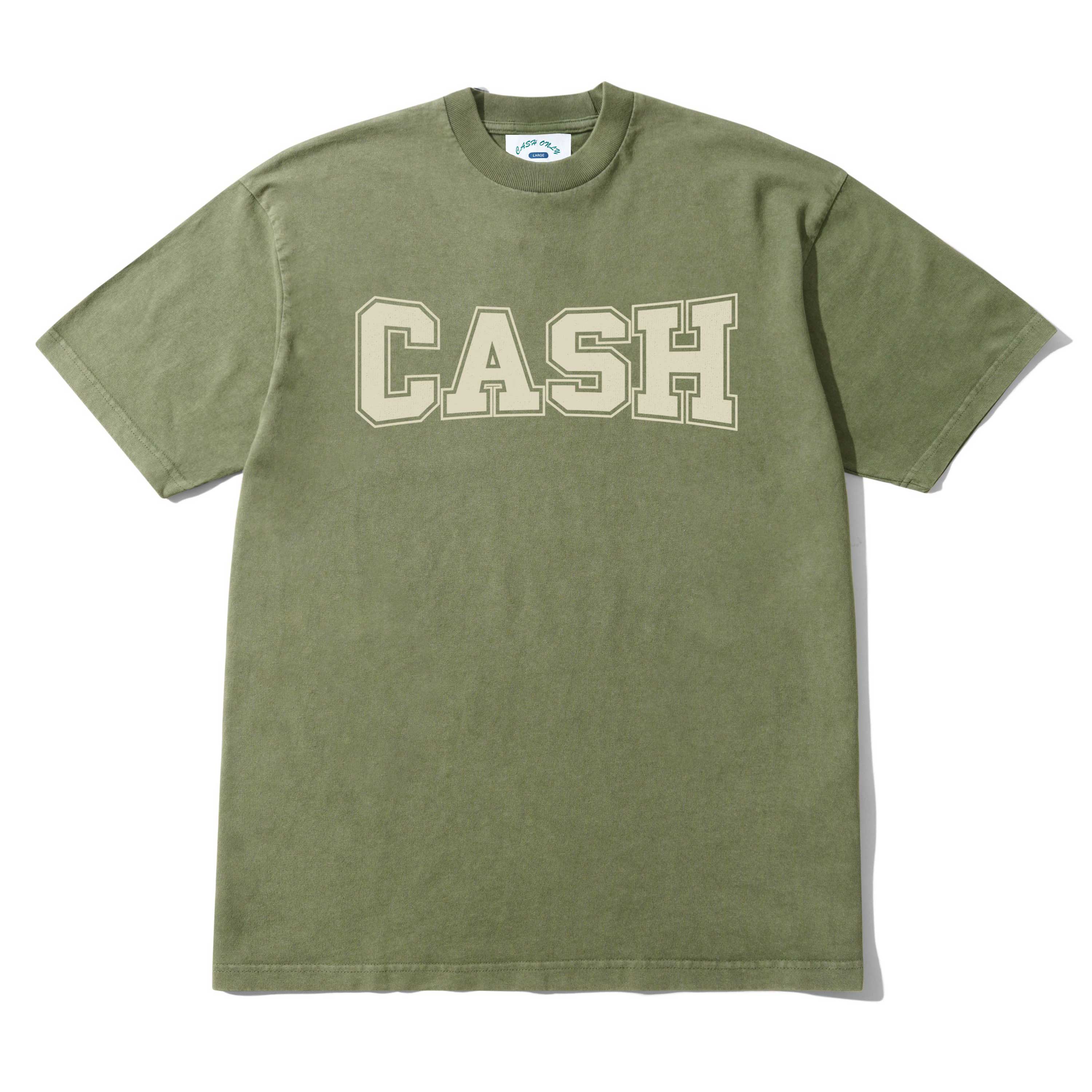 The Campus Tee Olive Cash Only is a 6.5oz heavyweight cotton t-shirt in olive green with "CASH" in bold, cream print across the chest. It features short sleeves and a relaxed fit.