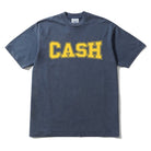 The Campus Tee Washed Navy Cash Only is a 6.5oz dark blue t-shirt with "CASH" boldly screenprinted in large yellow letters across the chest.