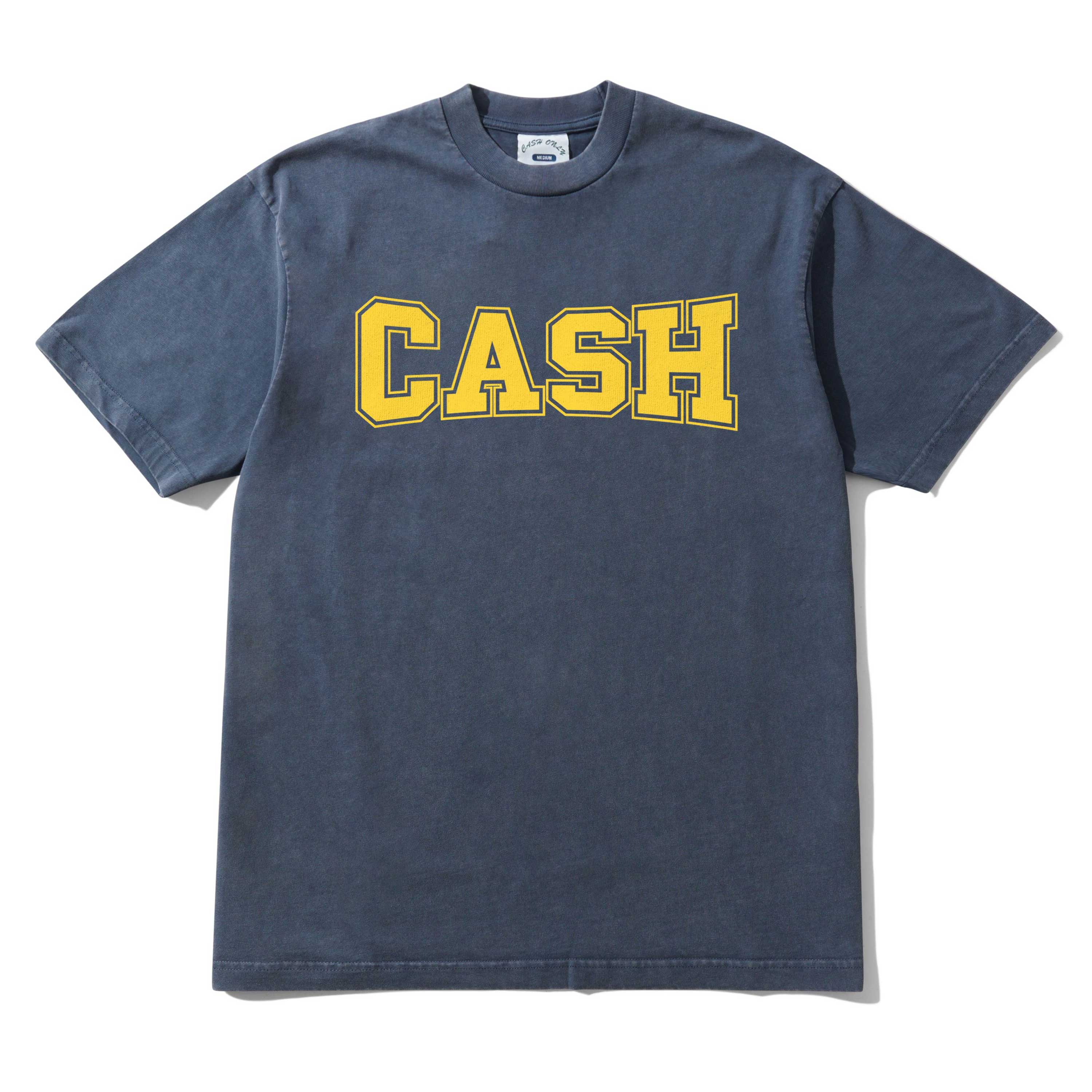 The Campus Tee Washed Navy Cash Only is a 6.5oz dark blue t-shirt with "CASH" boldly screenprinted in large yellow letters across the chest.