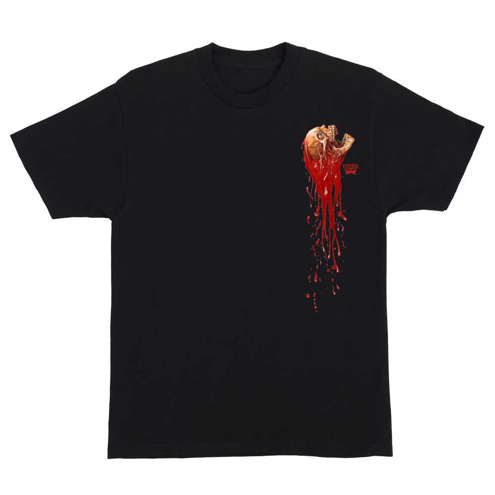 The Cannibal Corpse Heavyweight T-Shirt Black Creature features a striking graphic of red, blood-like liquid dripping from a man's head for a bold, dramatic look in a men's regular fit.
