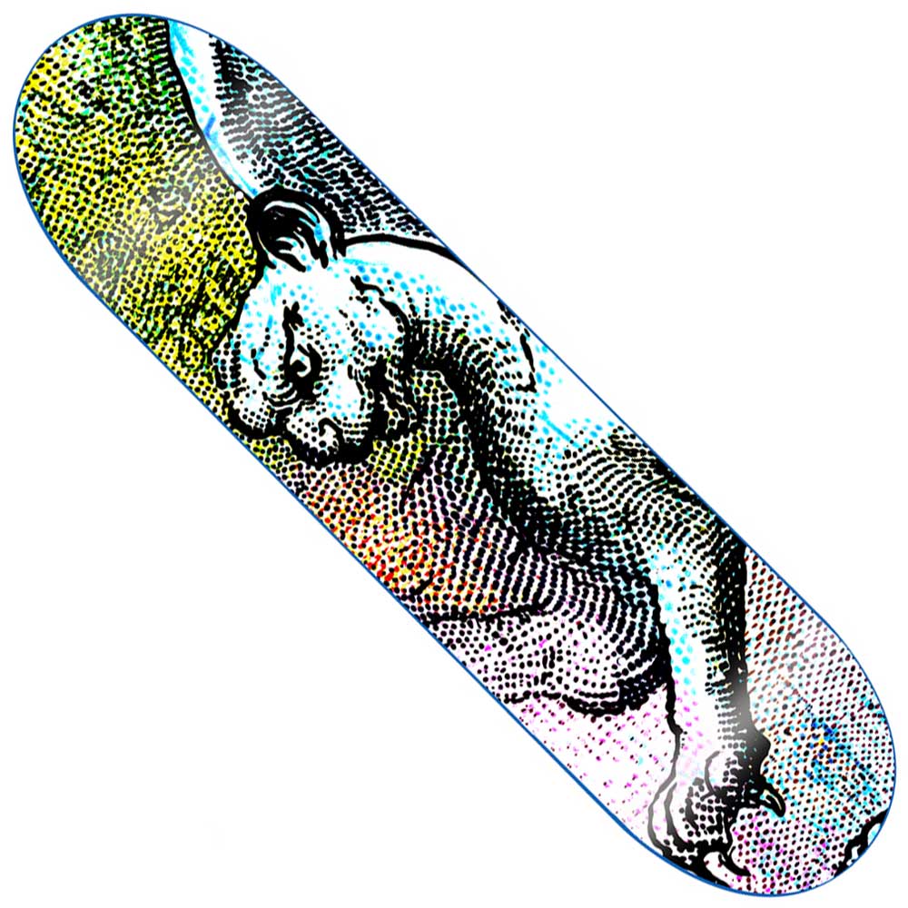 Crafted from 100% wood, the Carlyle Hail Storm 8.12x31.625 GX1000 Deck Skateboard features vibrant, dotted artwork depicting a stylized, powerful animal with a muscular build and intense expression. Set against a textured, multicolored background, this skateboard combines lasting durability with an eye-catching bold design.