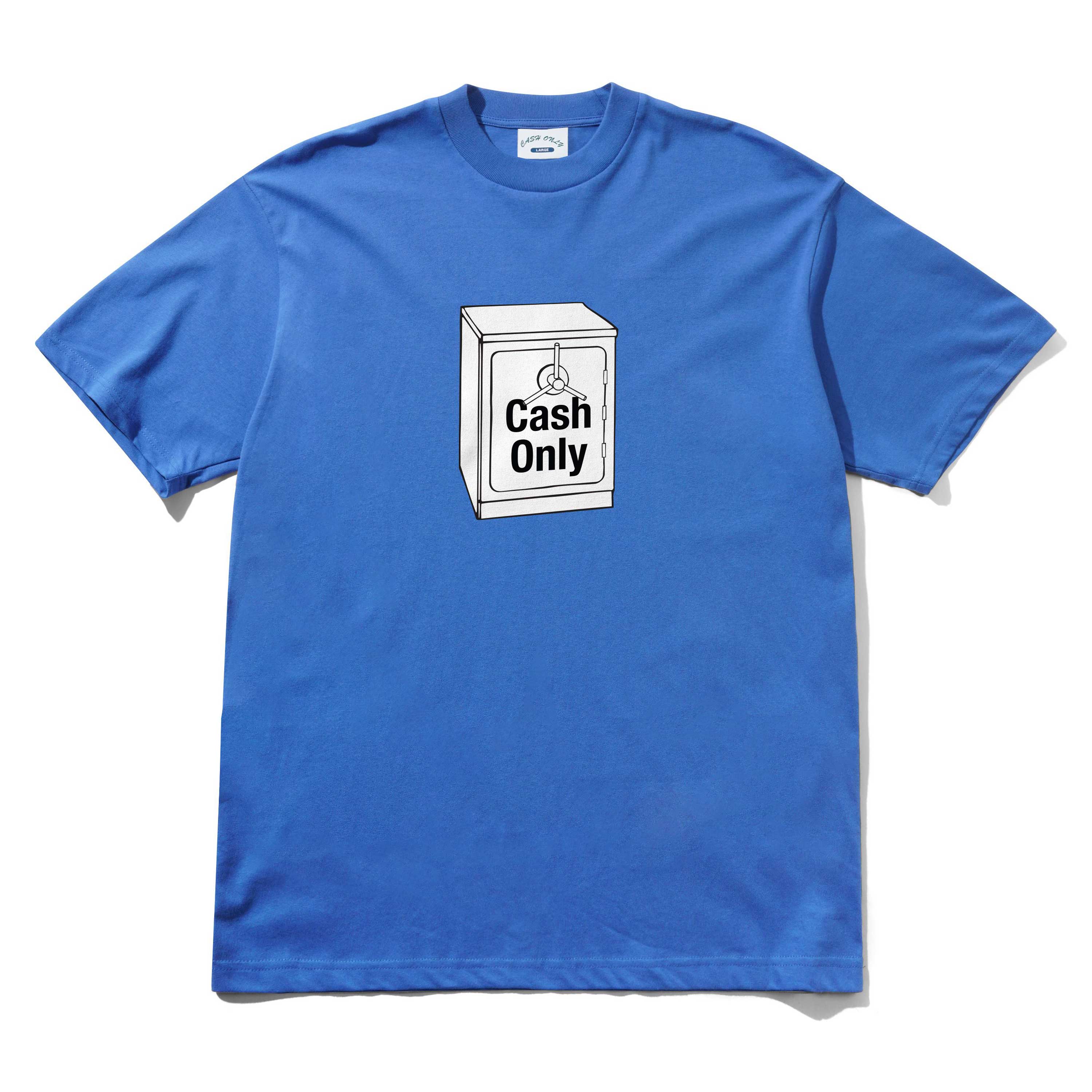 The Cash Safe Tee Royal Blue Cash Only is a heavyweight cotton t-shirt with a cash box graphic and "Cash Only" screenprinted on the front.