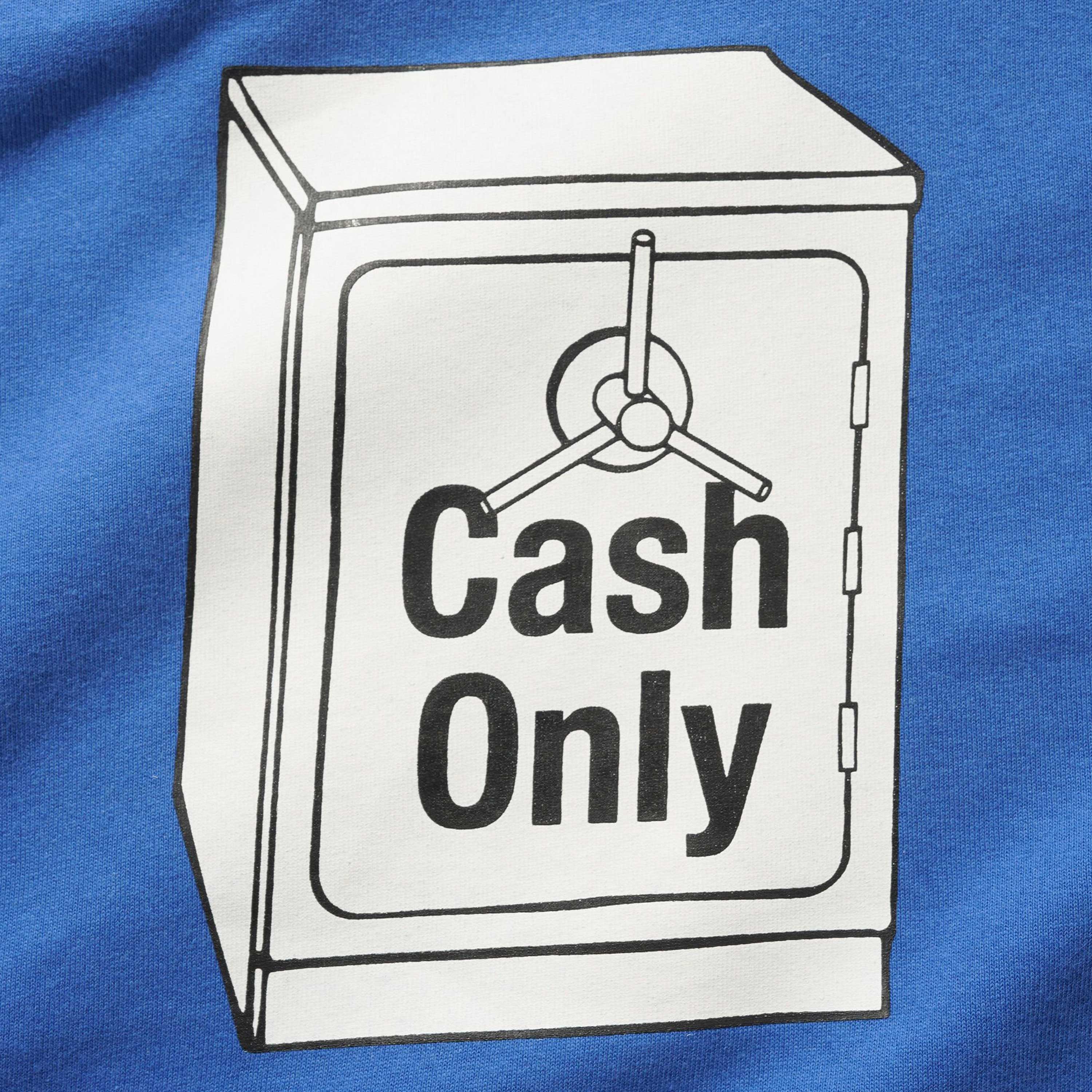 The Cash Safe Tee Royal Blue Cash Only features a black and white safe illustration with "Cash Only" in bold on the front, set against a blue background—a standout addition to any collection.