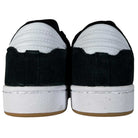 A pair of Adidas Centennial 85 Low ADV Skateboarding sneakers in black, gray, and white suede seen from the back, with textured white soles and padded white heel sections.