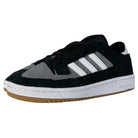 The Centennial 85 Low ADV Black Gray White Adidas Skateboarding Suede features a black and gray suede and leather upper, white stripes and midsole, brown gum outsole, and low-top design for classic style and durability.