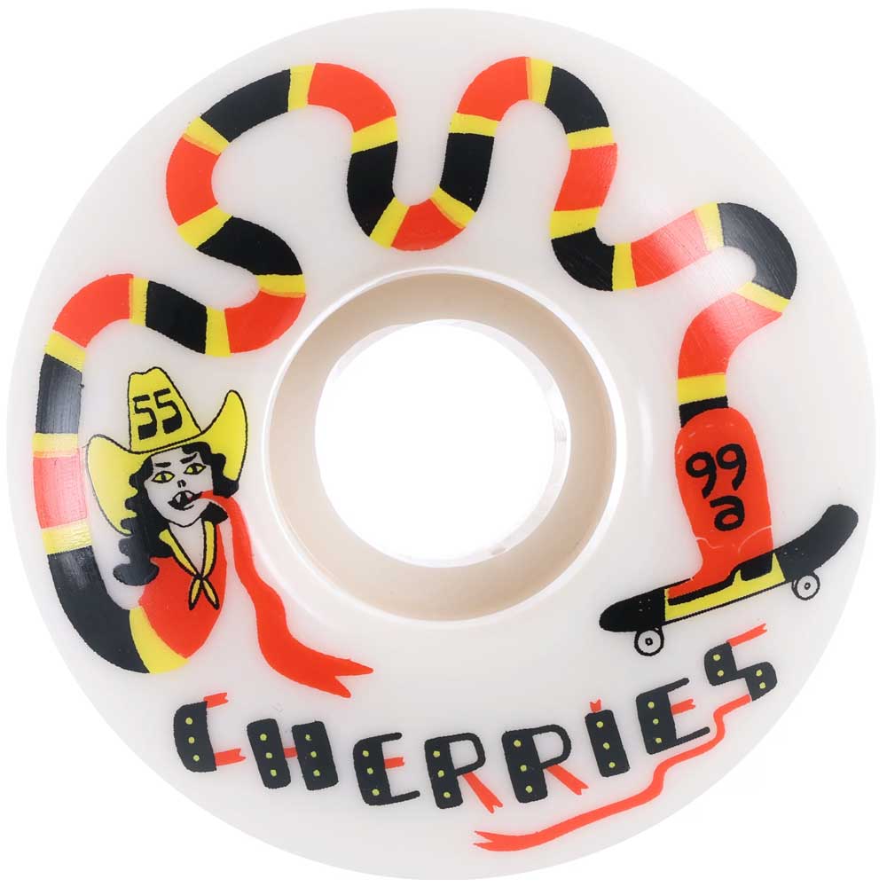 The Cherries Wheels Boot Skoots 55mm99A Skateboard Wheels are white and feature colorful art of a woman in a yellow cowboy hat, a red and yellow snake, a Boot Skoots skateboard, and “CHERRIES” in stylized letters.