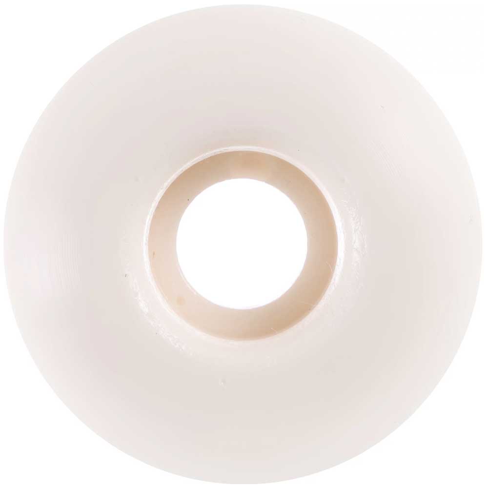 A close-up of the Cherries Wheels Boot Skoots 55mm99A skateboard wheel, featuring a smooth, unmarked white surface and visible central hole, crafted with Cherrythane formula for high performance.