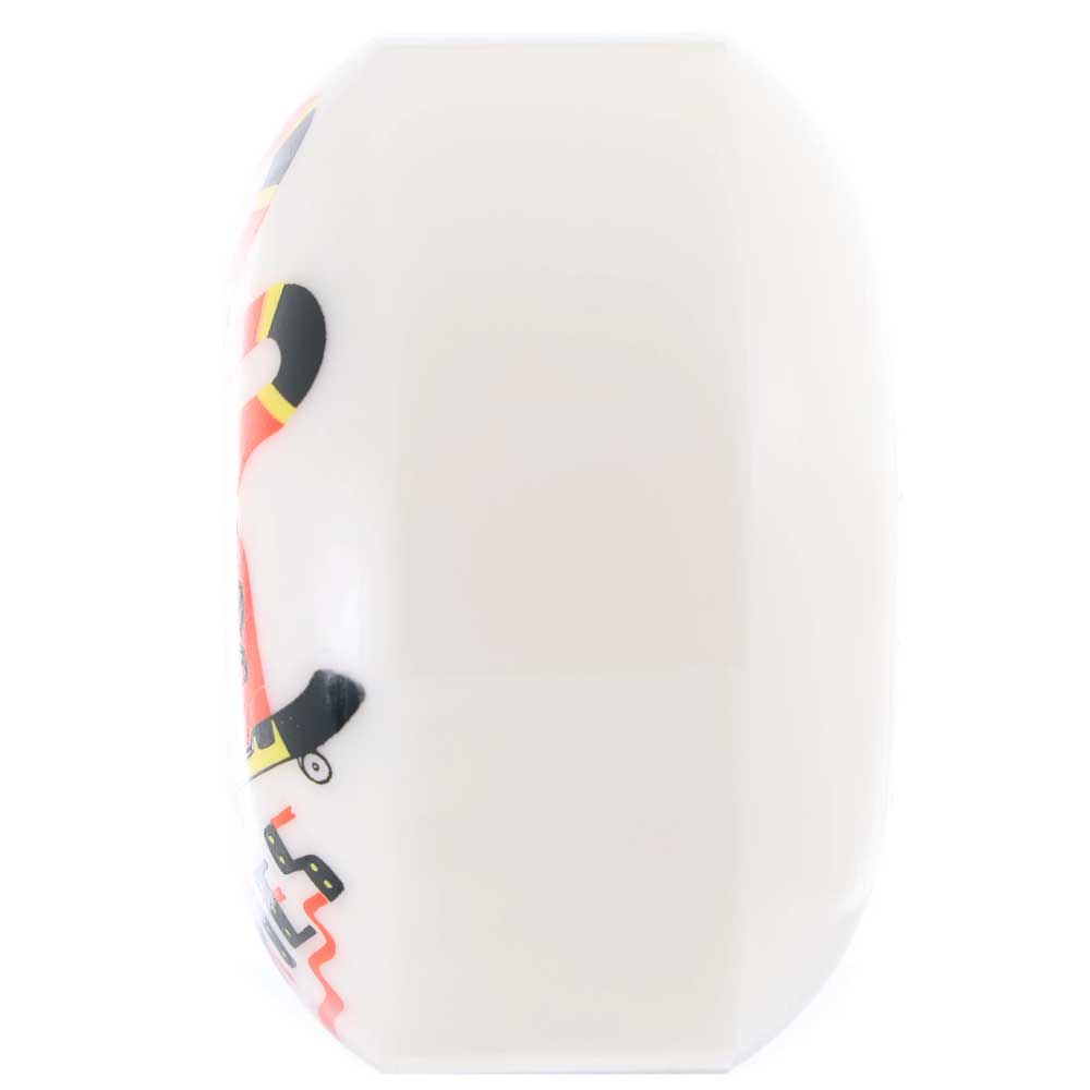 Side view of a white, rounded Cherries Wheels Boot Skoots 55mm99A Skateboard Wheel with partial red, black, and yellow patterns on the left edge. The front details are not visible from this angle.