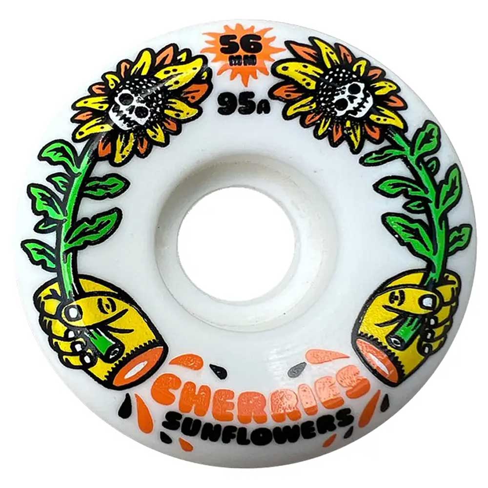 The Cherries Wheels Sunflowers 56mm95A Skateboard Wheels are white and conical, featuring colorful art of two yellow hands holding skull-centered sunflowers. "CHERRIES SUNFLOWERS" text and CRUST BUSTERS All Terrain formula provide style and versatility.