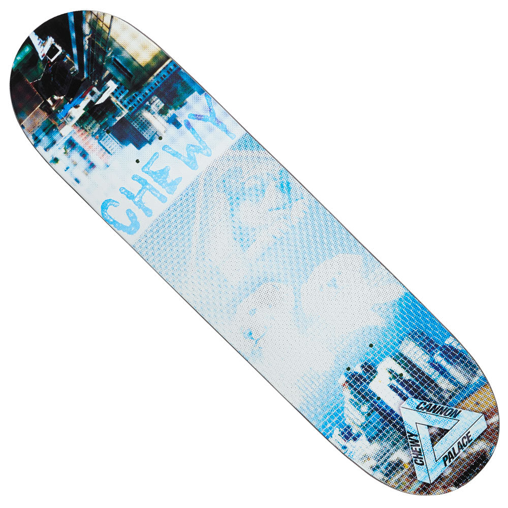 The Chewy Pro 8.375x32.1 S45 Collage Palace Deck features a blue and white cityscape collage, the word CHEWY in large light blue letters, and a corner logo reading CANNON and PALACE.