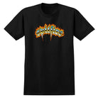 The Chrome Venom Black Tee Spitfire features "Spitfire" in blue with a white outline, surrounded by orange flames blazing boldly across the chest.