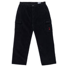 The Classic 87 Corduroy Cargo Pant Black by Spitfire Wheels features side flap pockets, button and zip closure, and an embroidered red flame logo with SPITFIRE text above the left pocket. Shown laid flat on a white background.