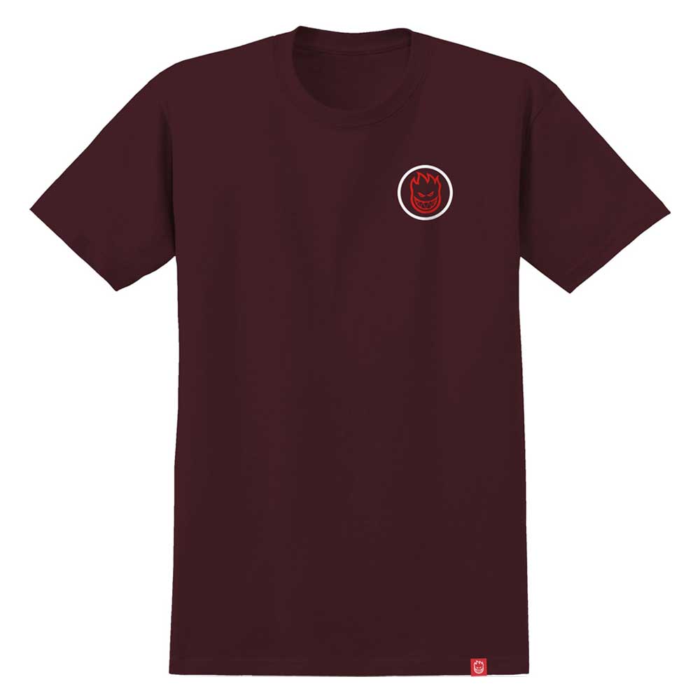Presenting the Classic Burgundy Red Tee Spitfire Wheels: this plain maroon t-shirt showcases a small circular red flame logo inspired by Spitfire Wheels on the left chest, making it an ideal skateboard t-shirt for those who appreciate understated style.