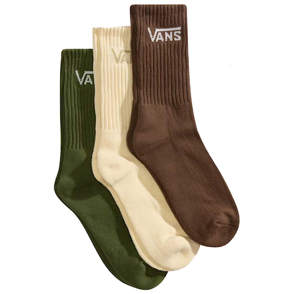 The Classic Crew Socks ROX VN000QBVGRK1 Green Balsam 3 Pack from Vans Skateboarding includes three pairs in green, cream, and brown, each with the Vans logo by the cuff and a cushioned sole for comfort.