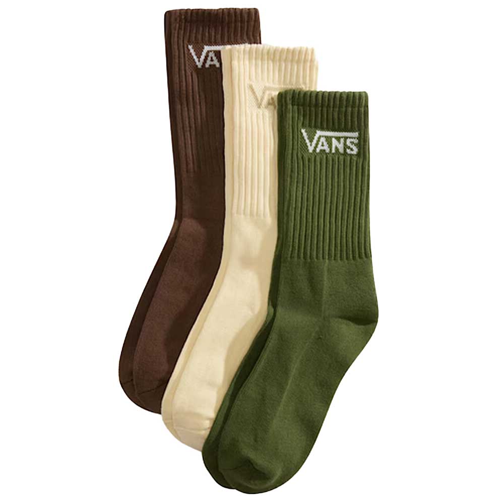 The Classic Crew Socks ROX VN000QBVGRK1 Green Balsam 3 Pack by Vans Skateboarding includes three cushioned-sole crew socks in brown, cream, and olive green, each displaying the white Vans logo near the top.
