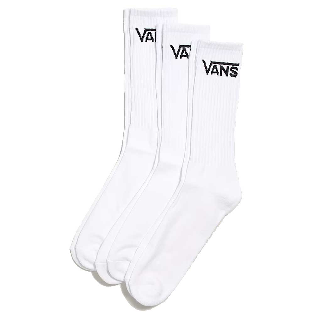 Three pairs of Classic Crew Socks ROX White from Vans Skateboarding, featuring the black Vans logo near the top cuff—perfect for pairing with your favorite sneakers or mixing with heather grey for versatile style.
