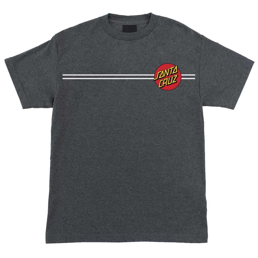 The Classic Dot Charcoal Heather Heavyweight Tee for men by Santa Cruz features a dark gray color, two white chest stripes, and a red-and-yellow Santa Cruz logo on the left side.