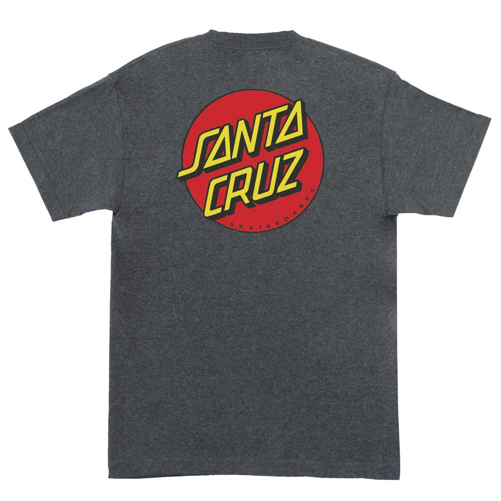 The Classic Dot Charcoal Heather Heavyweight Tee for men by Santa Cruz features a large red circle with bold yellow and white "Santa Cruz" lettering and "skateboards" below on the back of this dark gray classic t-shirt.