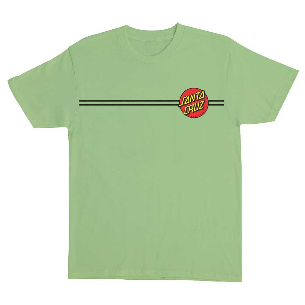 The Classic Dot Kiwi Green Heavyweight Tee for men by Santa Cruz features a red and yellow logo on the left chest, two black stripes across the upper front, and is made from comfortable heavyweight fabric.