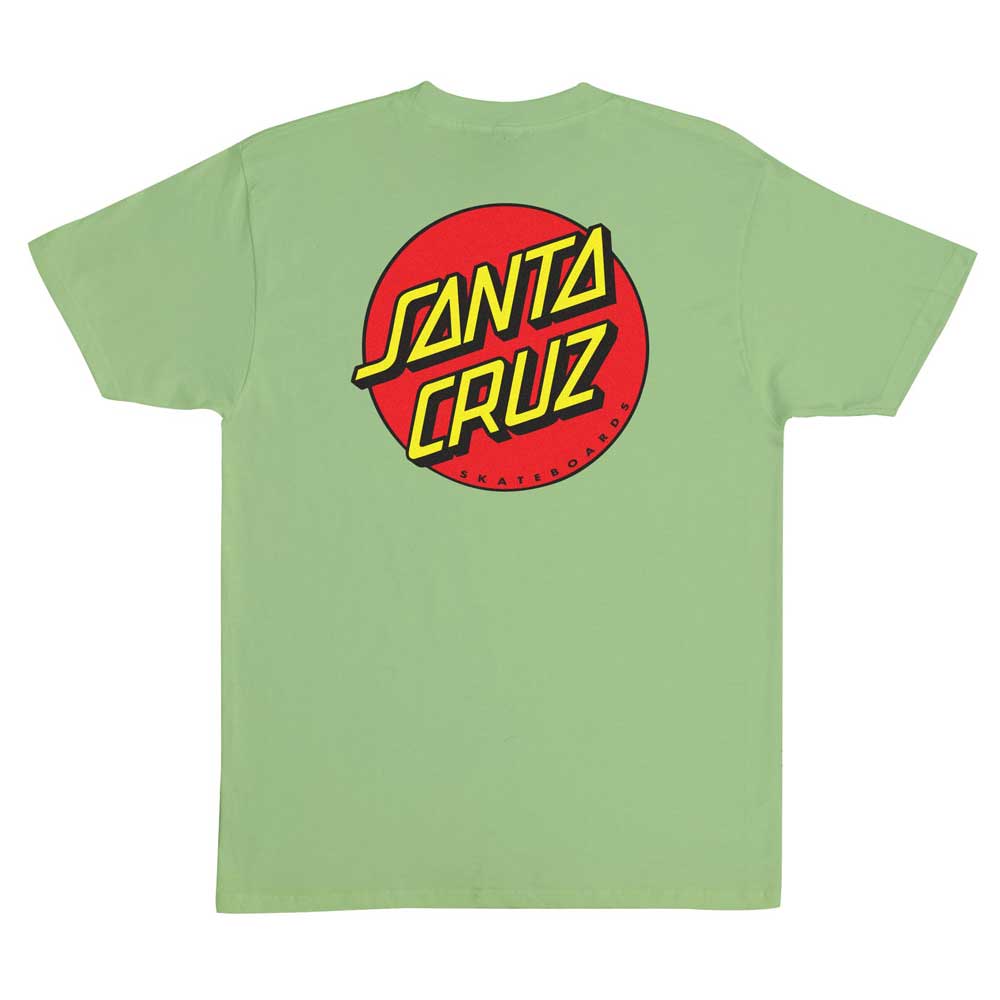 The Classic Dot Kiwi Green Heavyweight Tee Mens Santa Cruz features a light green color with a bold red circle and yellow-black Santa Cruz Skateboards text on the back—an iconic style for Santa Cruz fans.