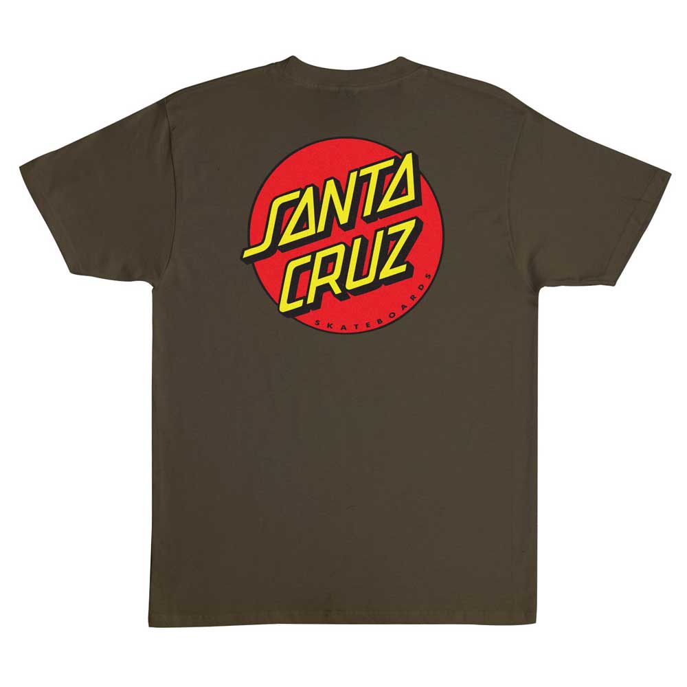 The Classic Dot Olive Heavyweight Tee by Santa Cruz is a men's t-shirt in brown with a large red circle on the back, featuring yellow stylized Santa Cruz text and smaller Skateboards text at the bottom.