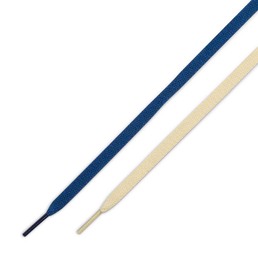 Two flat shoelaces, in dark blue and pale yellow, are placed parallel on a white background. Ideal for updating your Coastal Blue Pale Yellow IO0667400 Blazer Mid Nike SB Suede Skateboarding Shoes, each with durable plastic aglets.