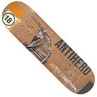 The Cody Intermodal 8.5x32 Deck by Anti Hero features a brown, wood-style background with a bull skull in a barrel and "ANTI HERO," "18," and "CODY CHAPMAN" on this unique skateboard design.