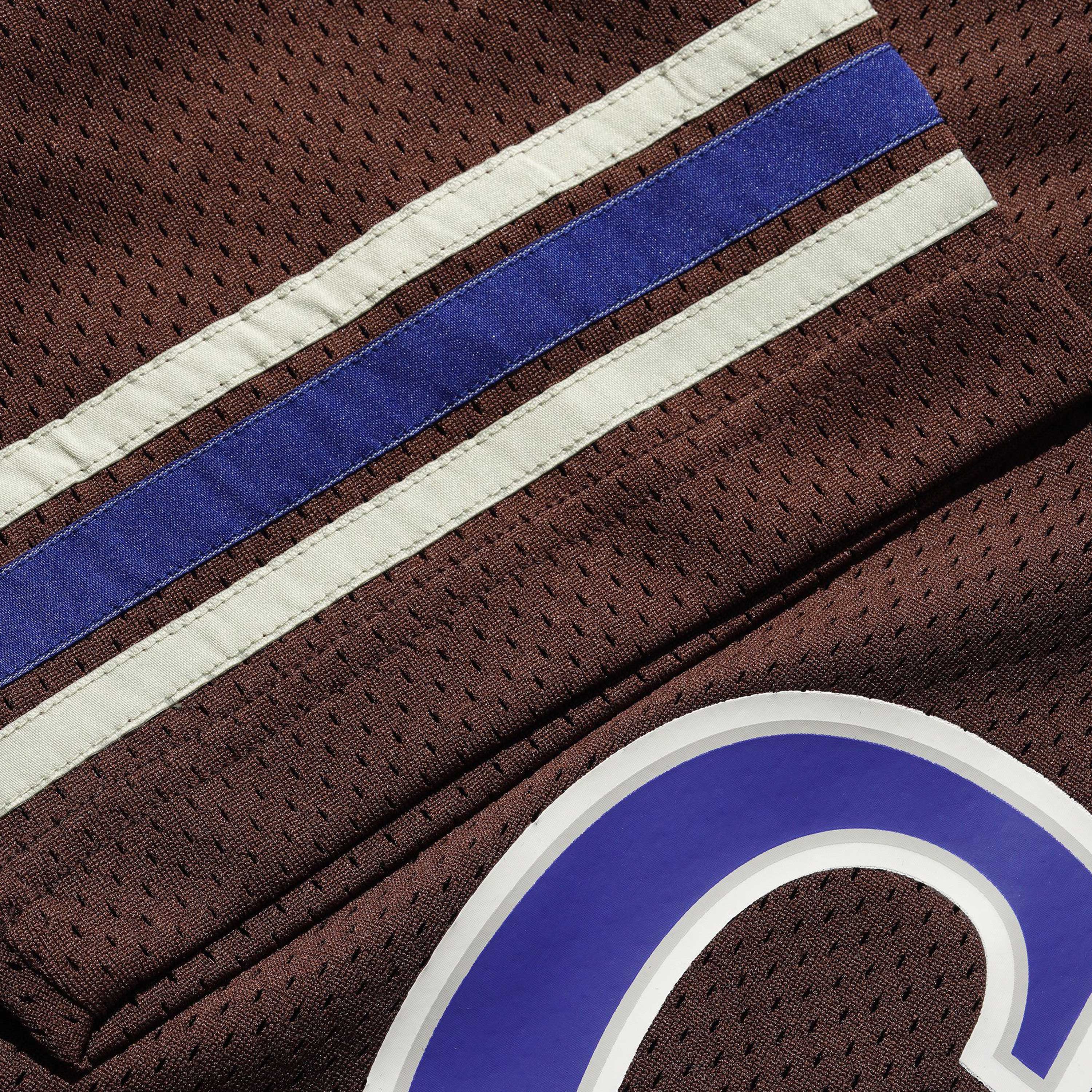 Close-up of the Colt Jersey Brown Cash Only, a brown polyester sports top with white and blue double stripes, a partial white-outlined blue number, and a ribbed collar.