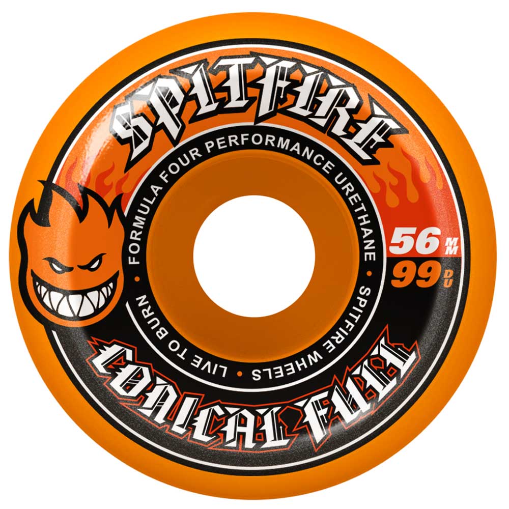 Conical Full Orange 56mm99A Spitfire Wheels feature a flaming head logo, bold SPITFIRE text, black and red accents, and display "Formula Four Performance Urethane" plus "Live to Burn.