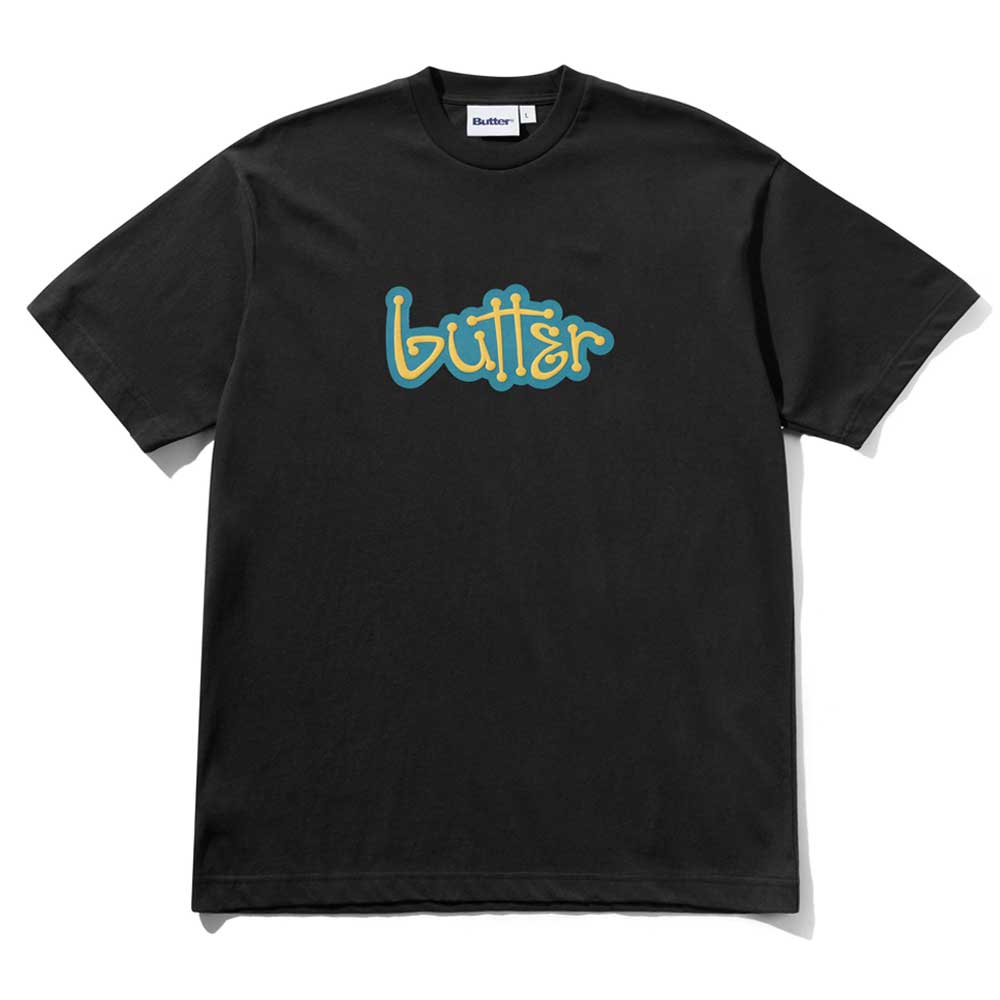 The Connection Black Tee Butter Goods displays "butter" in bold yellow graffiti-style lettering with a blue outline across the chest.