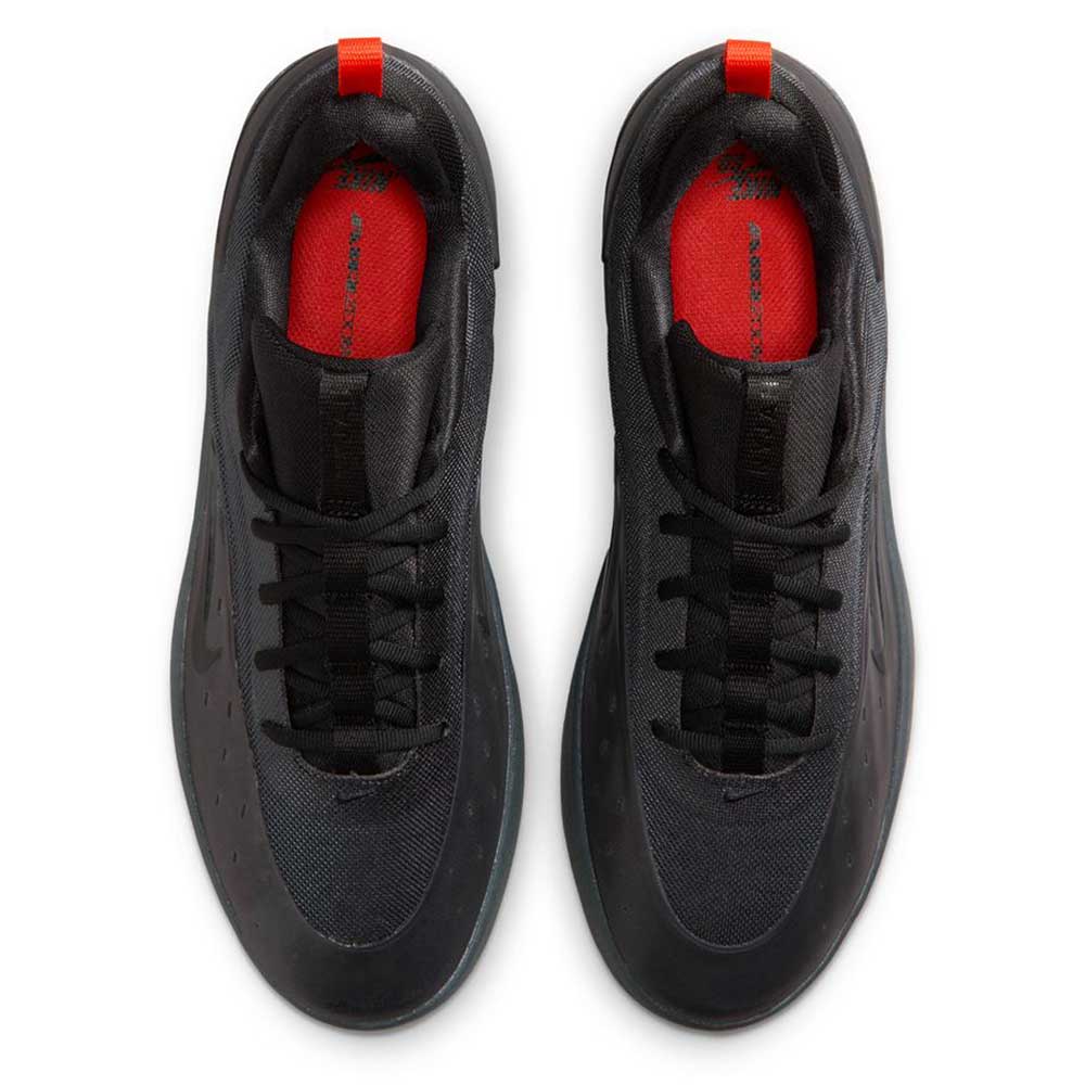 Top view of Cool Grey White FQ1273003 Zoom Nyjah 4 Nike SB Skateboarding Shoes with black laces, red pull tabs, logo-detail red insoles, and a breathable reinforced mesh upper. Shoes are side by side on a white background.