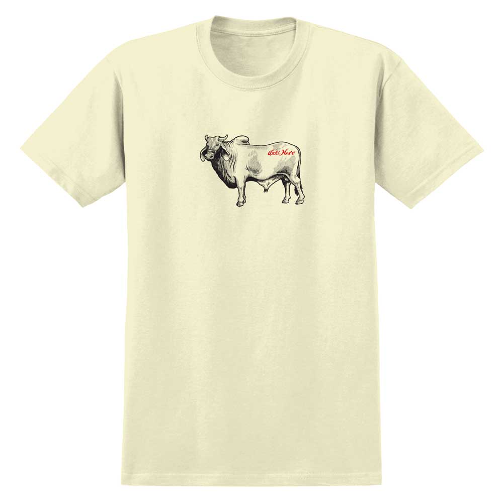 The Cow Short Sleeve Cream Tee from Anti Hero Skateboards features a black and white cow illustration at the center and "Wagyu" in red script, making it perfect for fans of unique designs and subtle style.