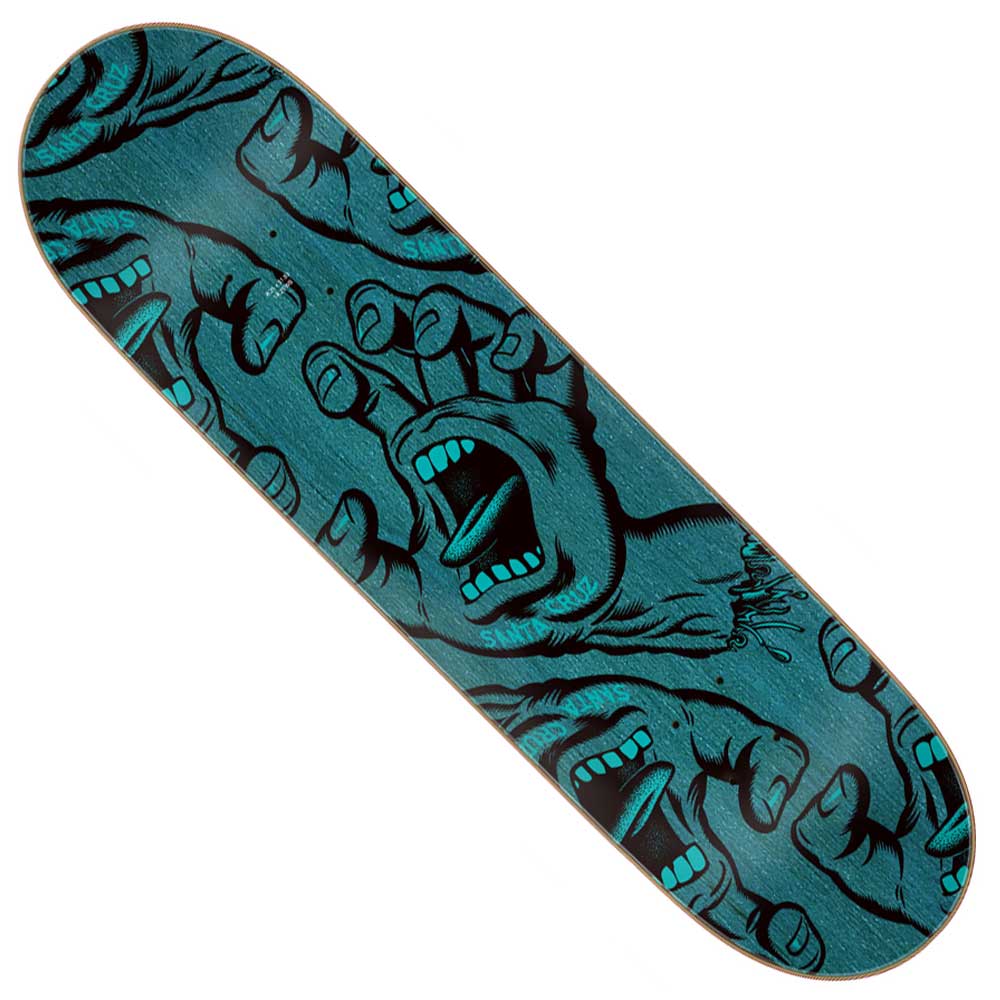 The Crowded Hand 8.25in x 31.83in Santa Cruz Deck features bold blue and black artwork of screaming mouths inside open hands, arranged in a dynamic, overlapping pattern across the deck’s surface.
