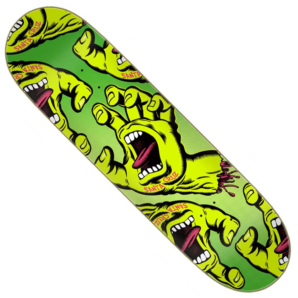 Introducing the Crowded Hand 8.5in x 32.2in Santa Cruz Deck—this skateboard deck showcases a bold green background packed with multiple screaming green monster hands, each with open mouths and red tongues in a dynamic comic style. Built from durable North American Maple for long-lasting performance.
